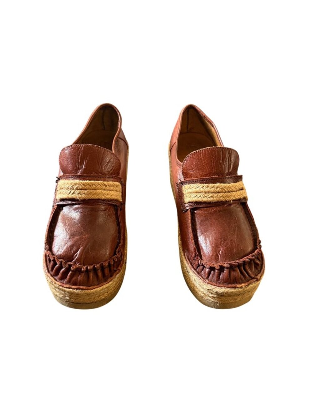 Vintage Sbicca Brown Leather Wedge Loafers With Braided Jute Trim Espadrille Sty